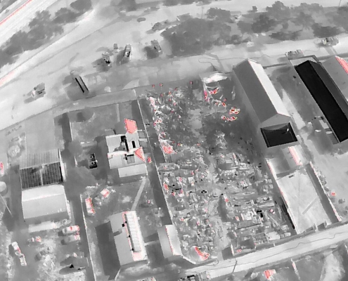 Thermal drone image from PGC Aerial showing heat signatures during a structure fire at The Rock, NSW.