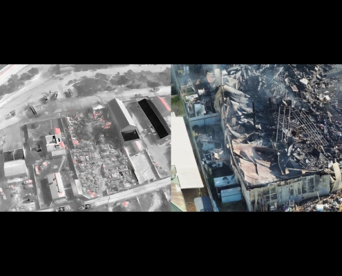 Comparison of thermal and standard aerial imagery by PGC Aerial of the fireground at The Rock, NSW.